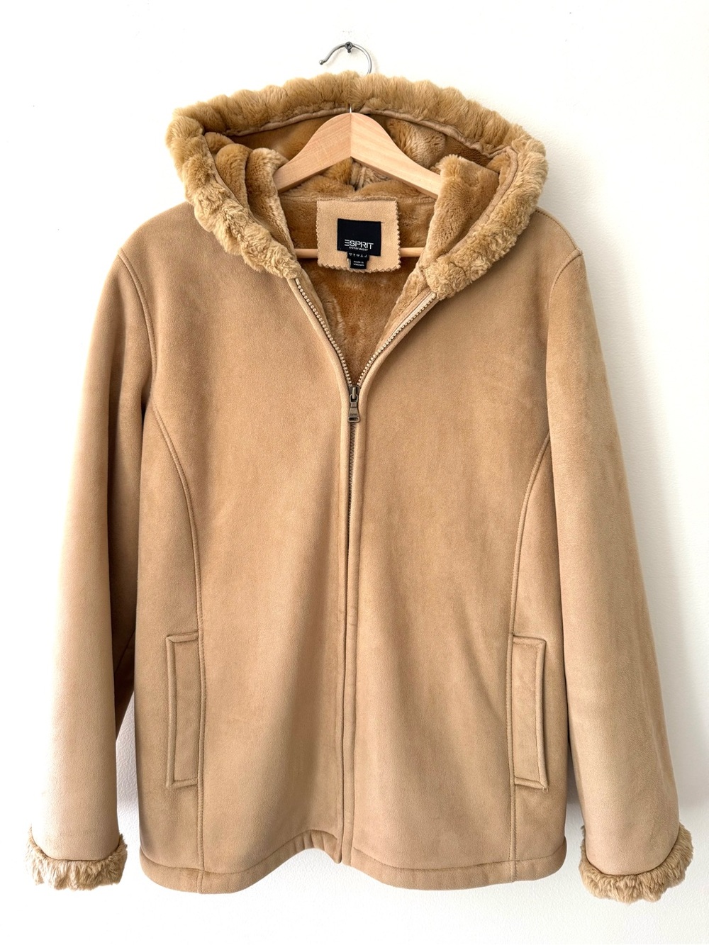 Esprit Faux Suede Fur Hooded Winter Coat L Vintage Tan Camel Penny Lane Y2K